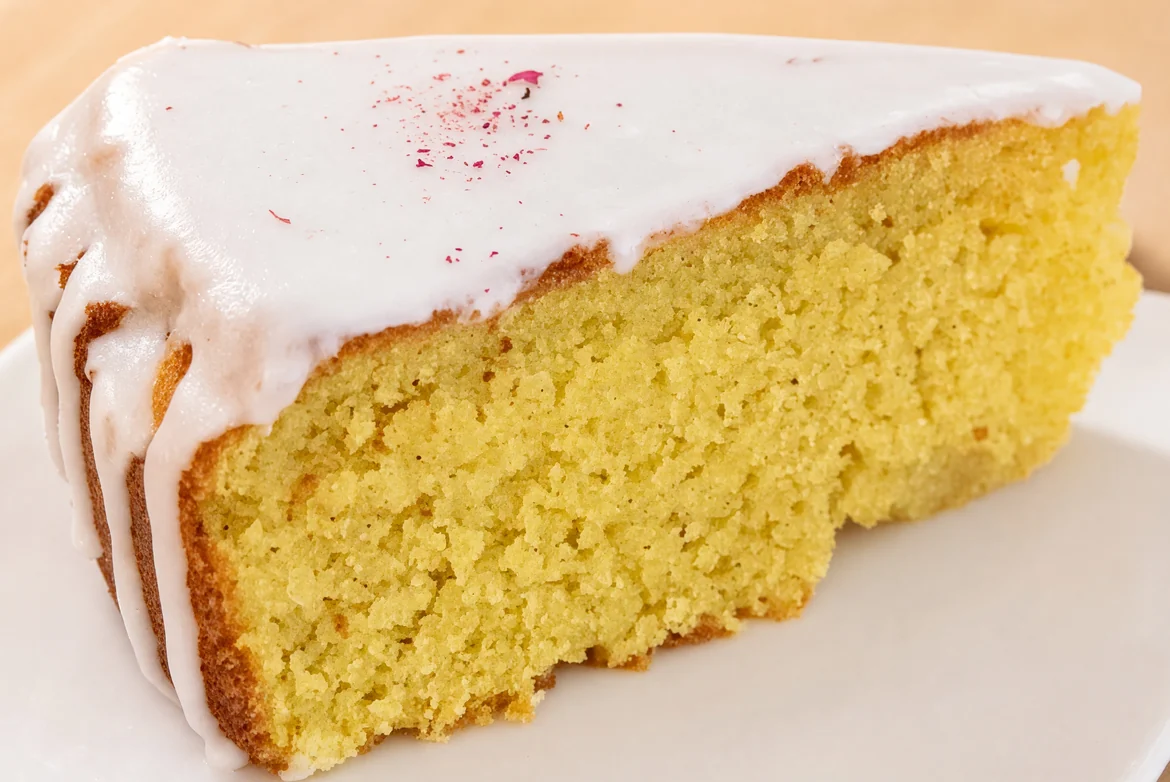 A slice of Persian love cake with white glaze and a sprinkle of dried rose petals at AFRA Grill, Saskatoon