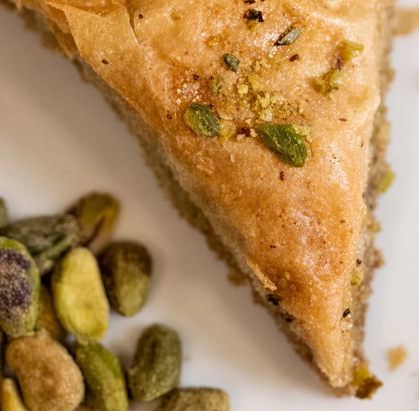 A triangle of baklava topped with ground pistachio, with whole pistachios around it at AFRA Grill, Saskatoon